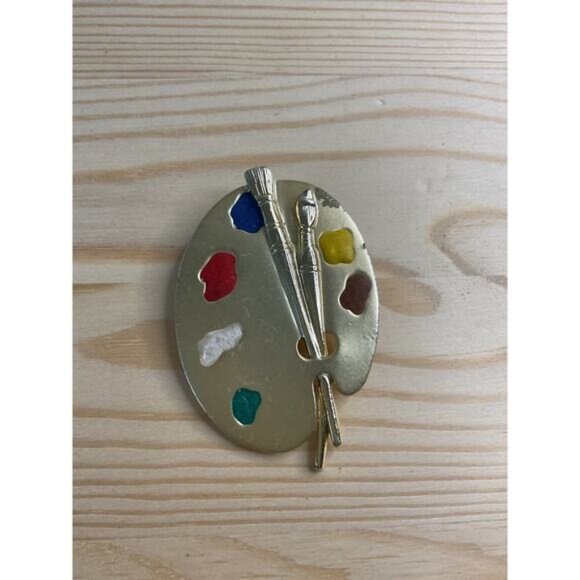 Vintage JJ Artist Palette Brooch Pin Gold Tone With Paintbrush & Paints - Picture 1 of 5